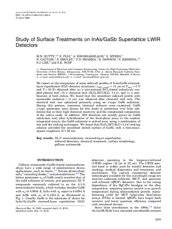 (PDF) Study of Surface Treatments on InAs/GaSb Superlattice LWIR
