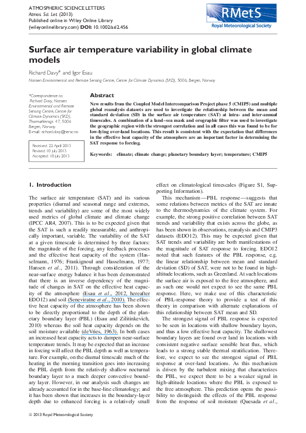 (PDF) Surface air temperature variability in global climate models