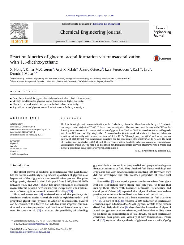 (PDF) Reaction kinetics of glycerol acetal formation via ...