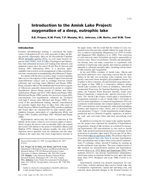 (PDF) Introduction to the Amisk Lake Project: oxygenation of a deep ...