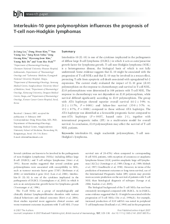 (PDF) Interleukin-10 gene polymorphism influences the prognosis of T ...