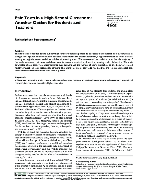 (PDF) Pair Tests in a High School Classroom: Another Option for ...
