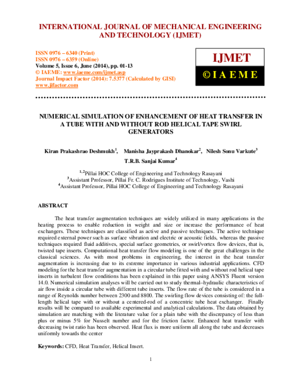 (PDF) NUMERICAL SIMULATION OF ENHANCEMENT OF HEAT TRANSFER IN A TUBE ...