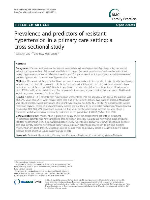 (PDF) Prevalence and predictors of resistant hypertension in a primary ...
