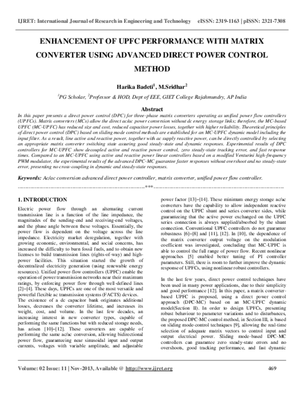 (PDF) ENHANCEMENT OF UPFC PERFORMANCE WITH MATRIX CONVERTER USING