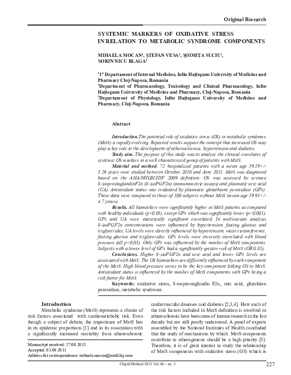 (PDF) Systemic Markers Of Oxidative Stress In Relation To Metabolic ...