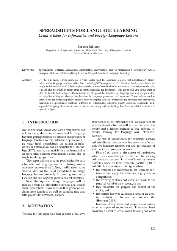 (PDF) SPREADSHEETS FOR LANGUAGE LEARNING Creative Ideas for Informatics ...