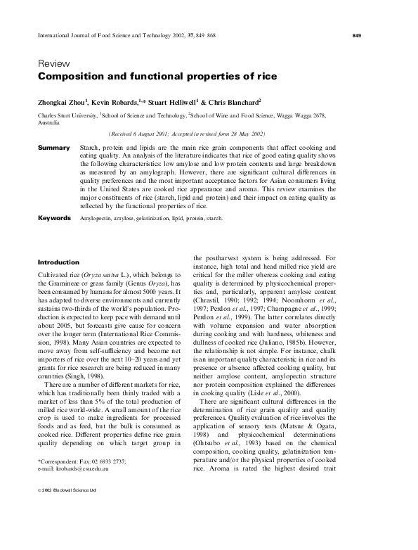 (PDF) Composition and functional properties of rice Zhongkai Zhou