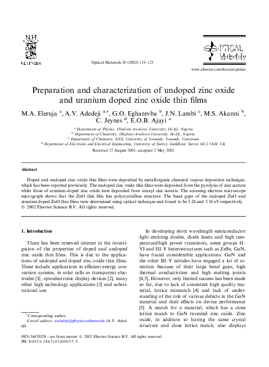 (PDF) Preparation and characterization of undoped zinc oxide and ...