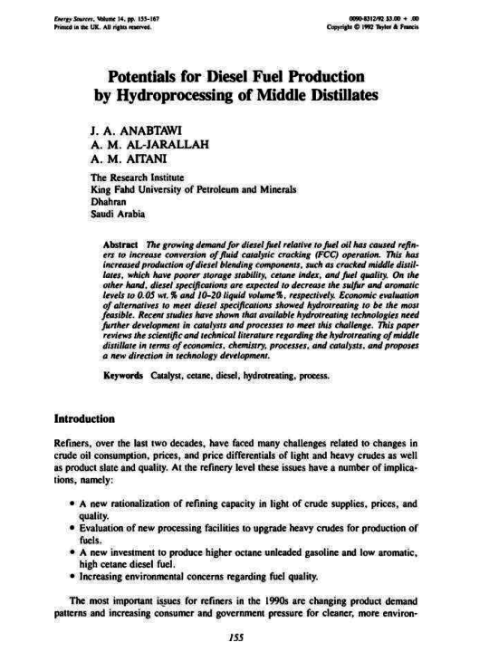 (PDF) Potentials for Diesel Fuel Production by Hydroprocessing of ...