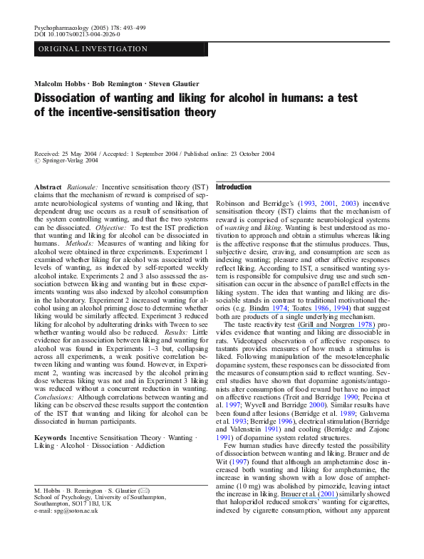 (PDF) Dissociation of wanting and liking for alcohol in humans: a test ...