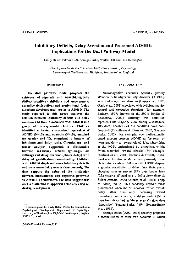 (PDF) Inhibitory Deficits, Delay Aversion and Preschool AD/HD ...