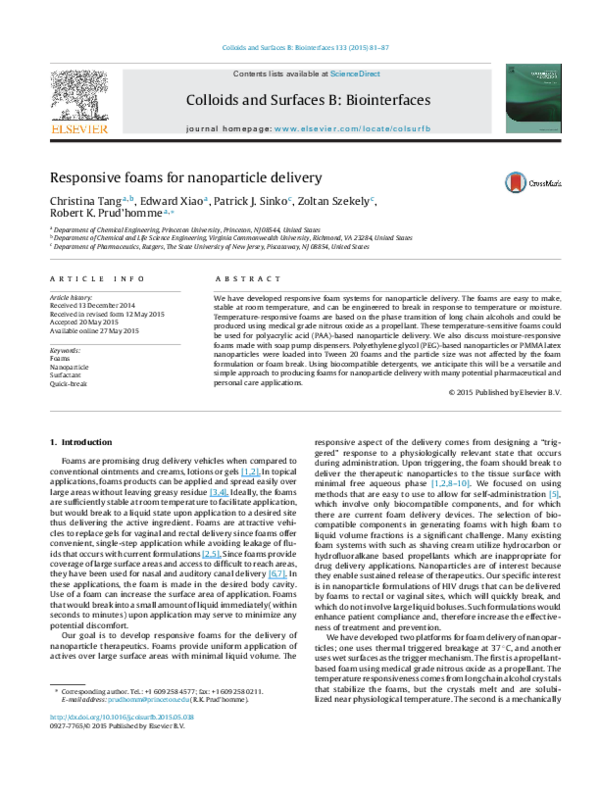 (PDF) Responsive foams for nanoparticle delivery Robert Prud'homme Academia.edu
