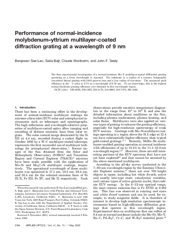 (PDF) Performance of NormalIncidence MolybdenumYttrium Multilayer