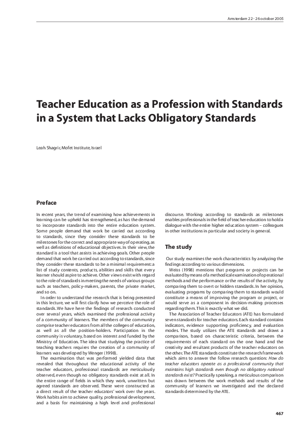 (PDF) Teacher Education as a Profession with Standards in a System that ...