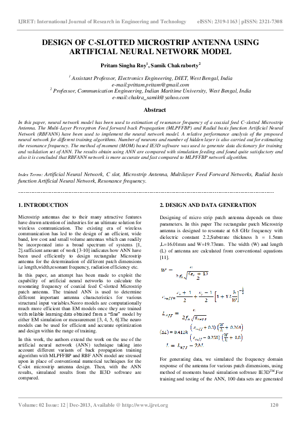 (PDF) DESIGN OF CSLOTTED MICROSTRIP ANTENNA USING ARTIFICIAL NEURAL