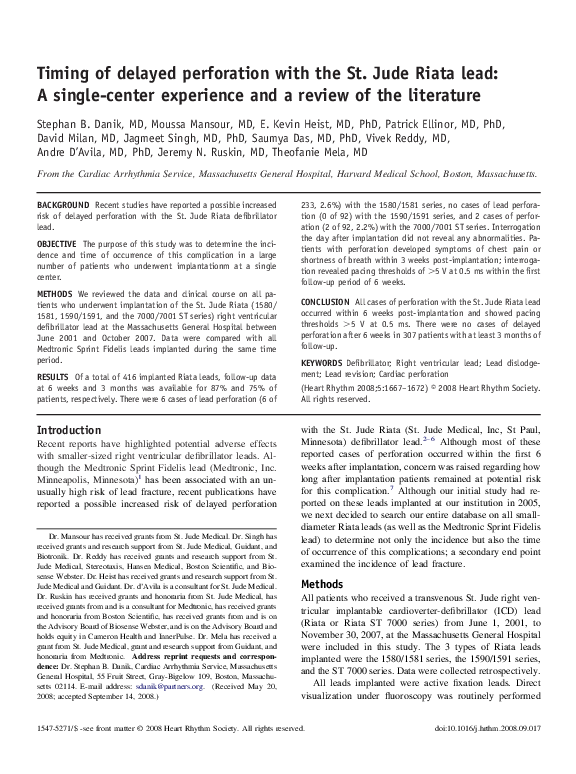 (PDF) Timing of delayed perforation with the St. Jude Riata lead: A ...
