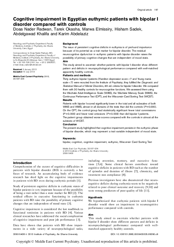 (PDF) Cognitive Impairment in Egyptian Euthymic Patients with Bipolar I ...