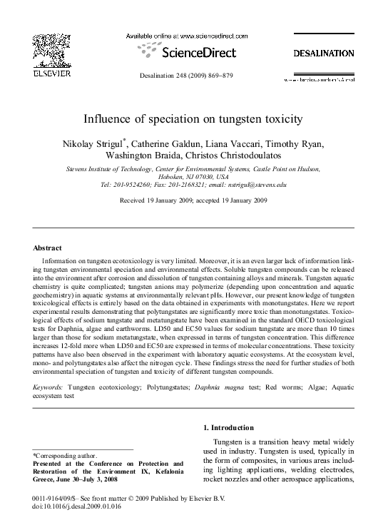 (PDF) Influence of speciation on tungsten toxicity Nick Strigul and