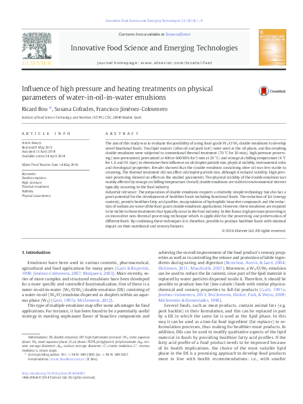 (PDF) Influence of high pressure and heating treatments on physical ...