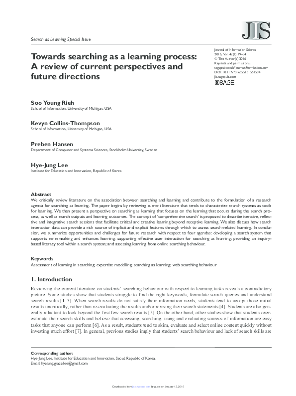 (PDF) Towards searching as a learning process: A review of current ...