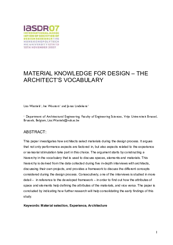 (PDF) Material knowledge for Design The architect's vocabulary Ine Wouters Academia.edu
