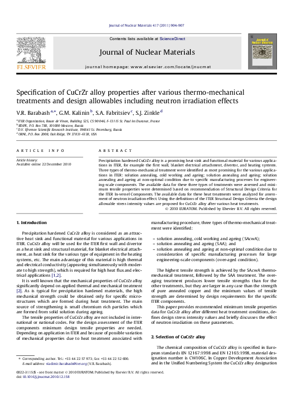 (PDF) Specification of CuCrZr alloy properties after various thermo ...