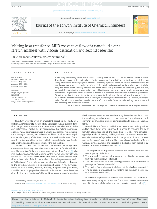 (PDF) Melting heat transfer on MHD convective flow of a nanofluid over ...