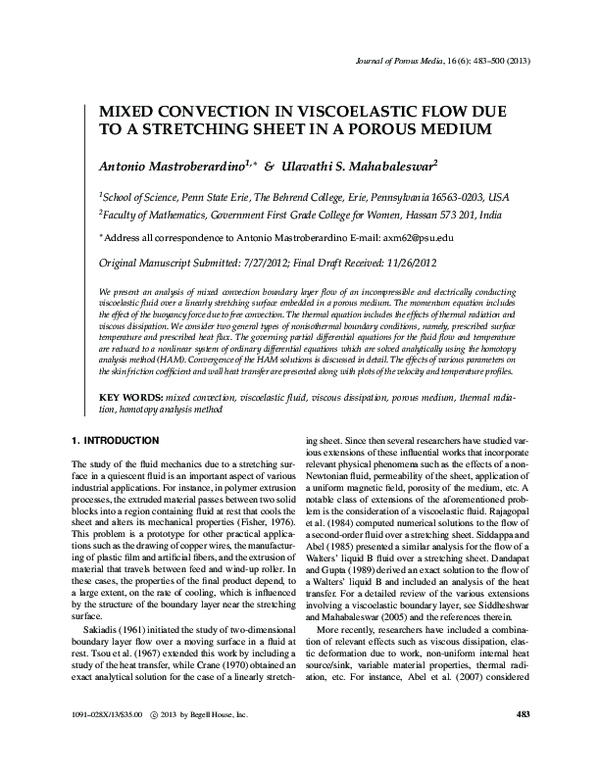 (PDF) MIXED CONVECTION IN VISCOELASTIC FLOW DUE TO A STRETCHING SHEET ...