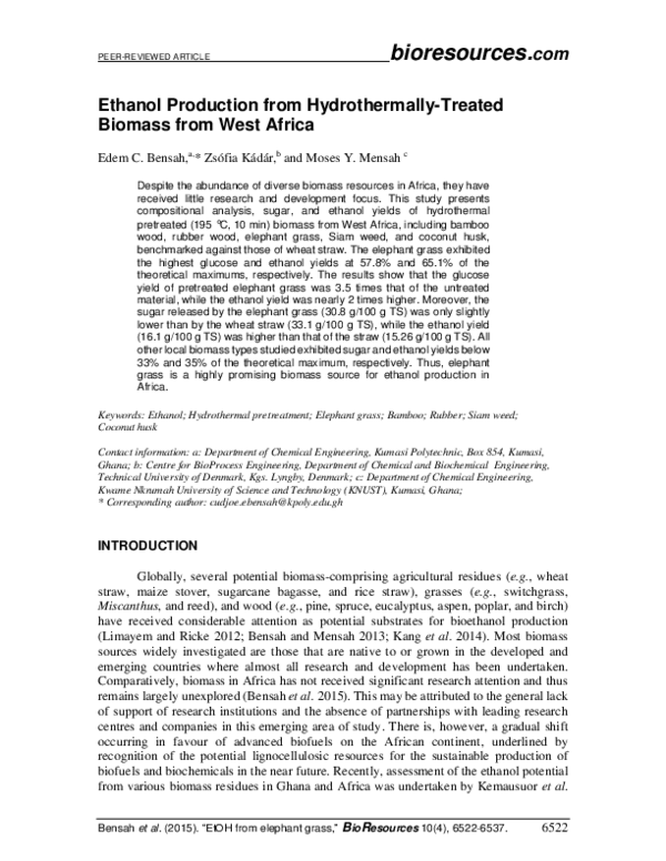 Pdf R Reviewed Article Ethanol Production From Hydrothermally Ethanol Production From Hydrothermally