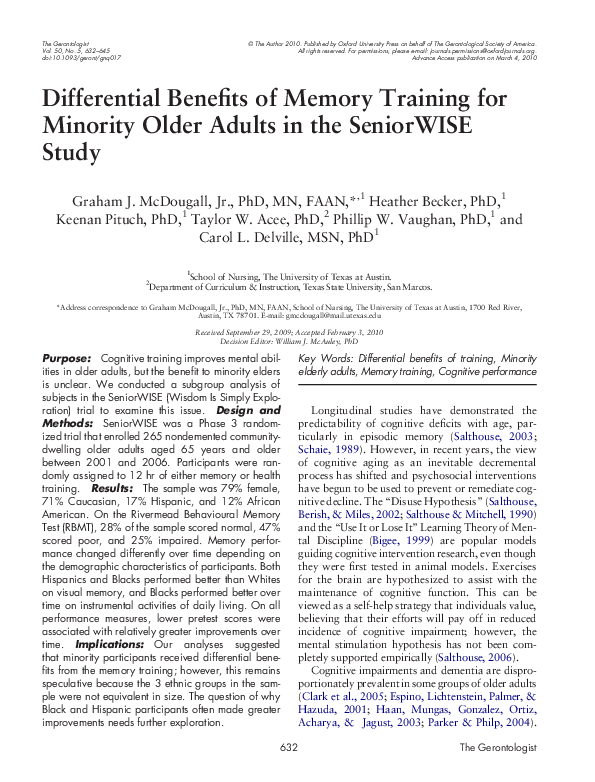 (PDF) Differential Benefits of Memory Training for Minority Older ...