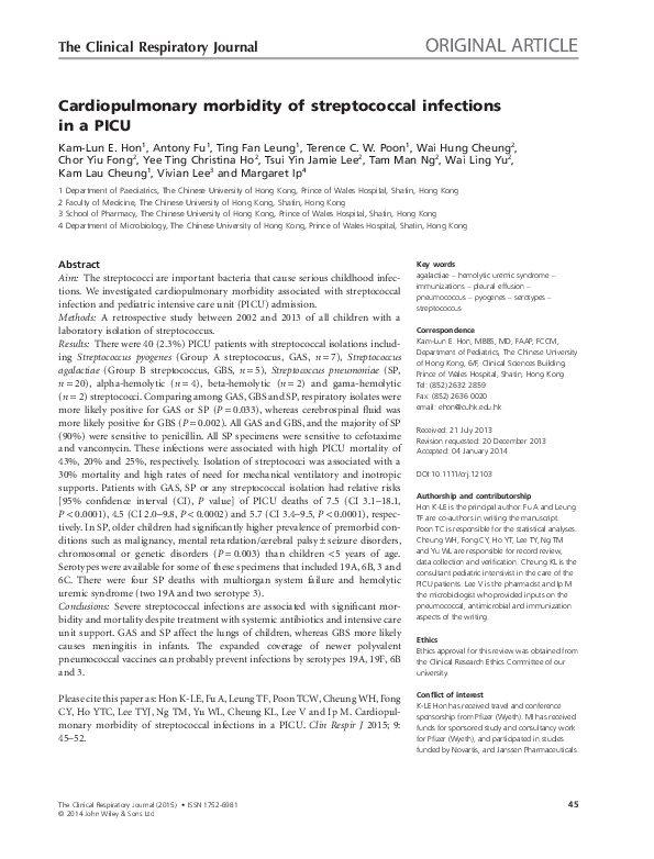 (PDF) Cardiopulmonary morbidity of streptococcal infections in a PICU
