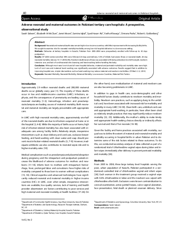 (PDF) Adverse neonatal and maternal outcomes in Pakistani tertiary care ...