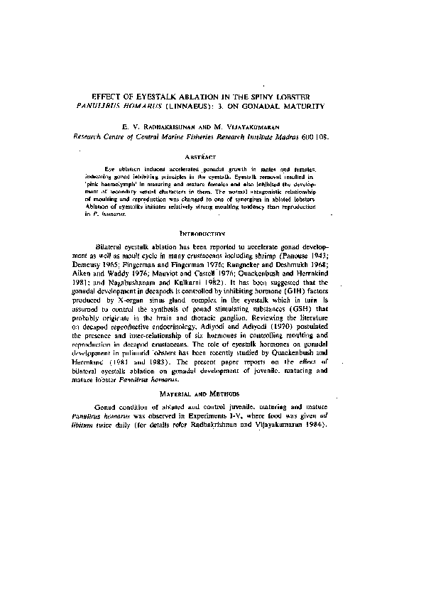 (PDF) Effect of eyestalk ablation in the spiny lobster Panulirus