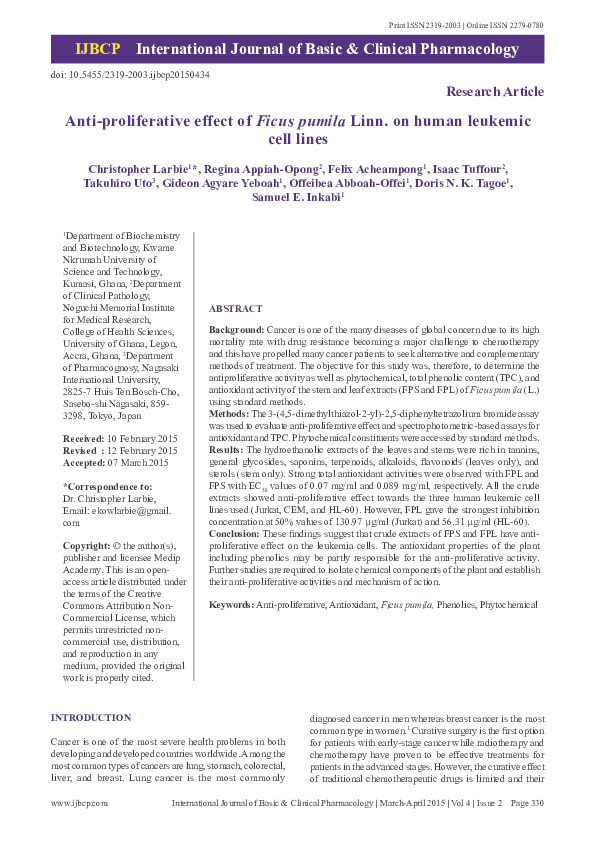 (PDF) Anti-proliferative effect of Ficus pumila Linn. on human leukemic ...