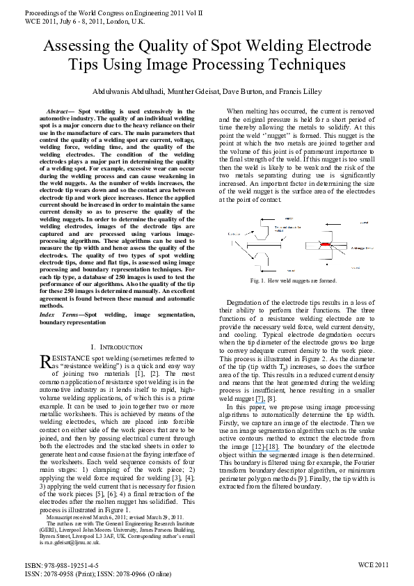 (PDF) Assessing the Quality of Spot Welding Electrode Tips Using Image ...