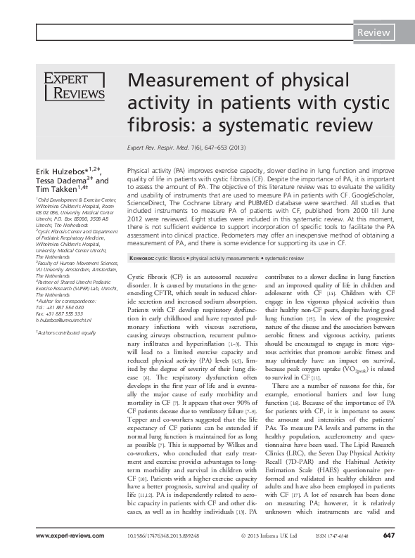 (PDF) Measurement of physical activity in patients with cystic fibrosis ...