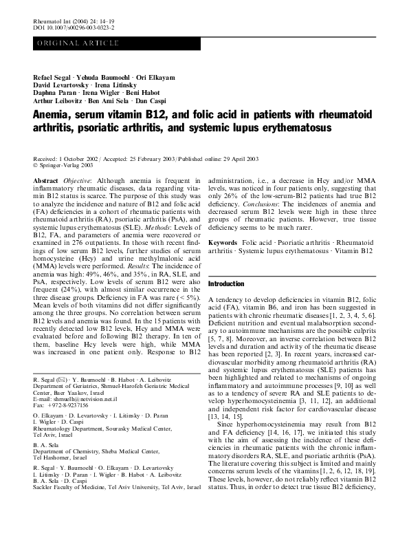 (PDF) Anemia, serum vitamin B12, and folic acid in patients with