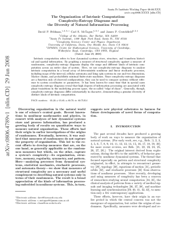 (PDF) The organization of intrinsic computation: Complexity-entropy ...