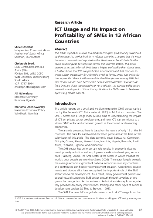 (PDF) ICT Usage and Its Impact on Profitability of SMEs in 13 African ...