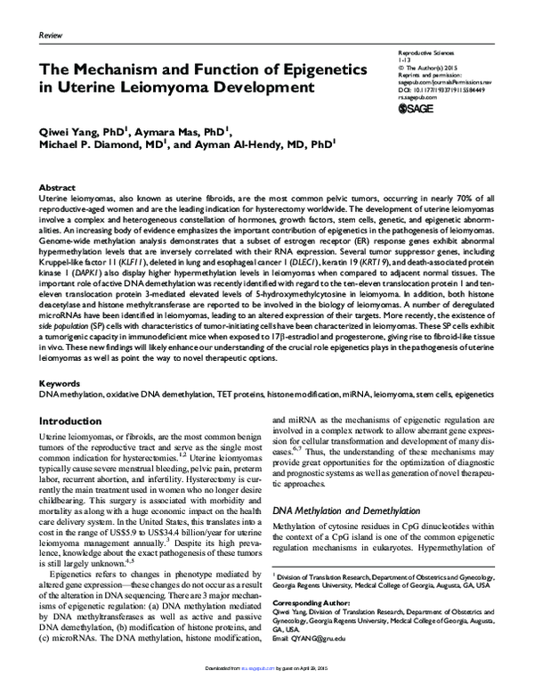(PDF) The Mechanism and Function of Epigenetics in Uterine Leiomyoma ...