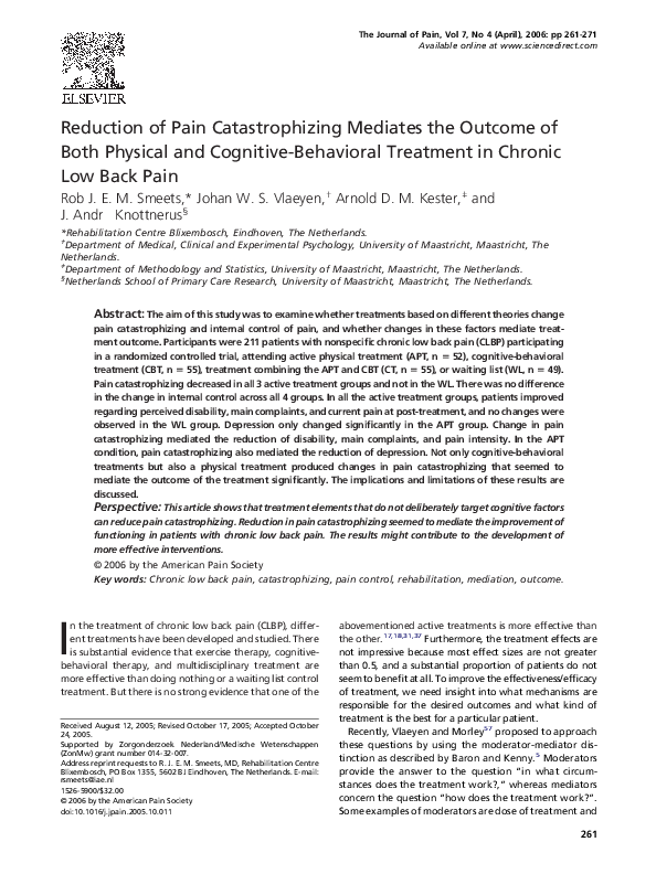(PDF) Reduction of Pain Catastrophizing Mediates the Outcome of Both ...