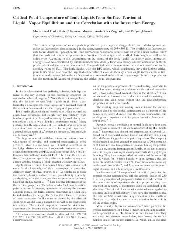 (PDF) CriticalPoint Temperature of Ionic Liquids from Surface Tension