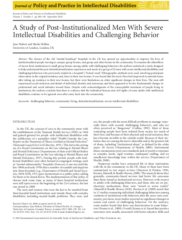 (PDF) A Study of Post-Institutionalized Men With Severe Intellectual ...