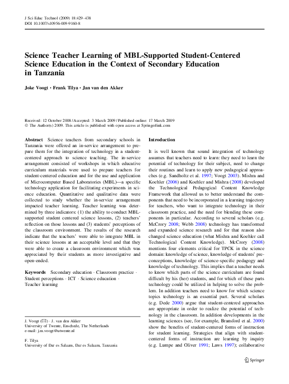 (PDF) Science Teacher Learning of MBLSupported StudentCentered