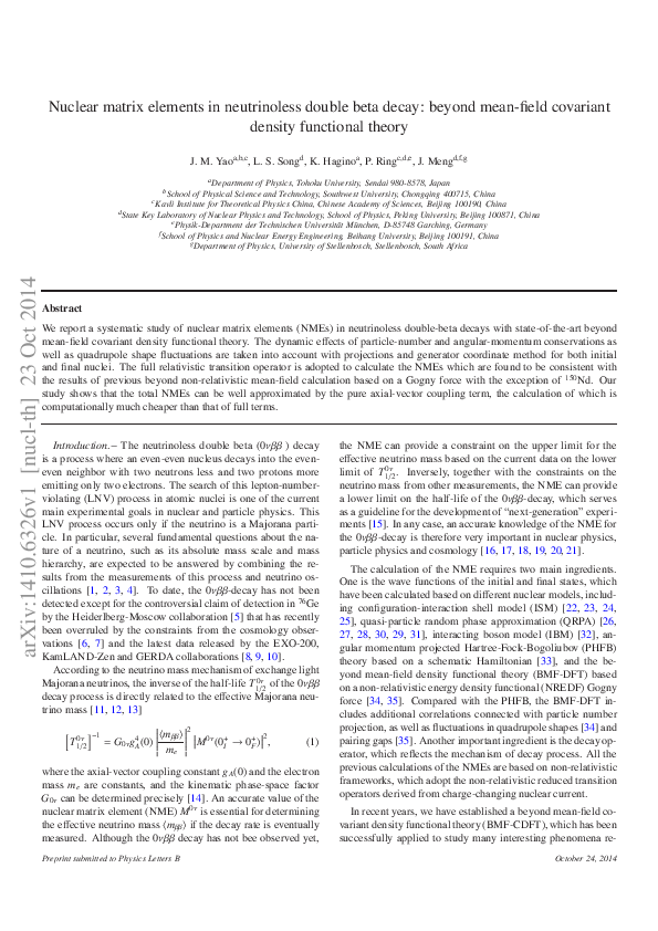 (PDF) Nuclear matrix elements in neutrinoless double beta decay: beyond ...