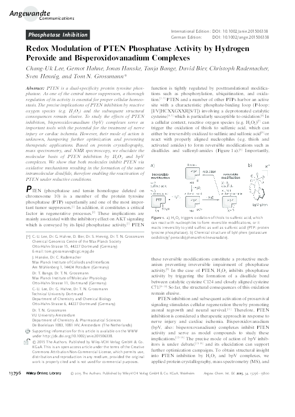 (PDF) Redox Modulation of PTEN Phosphatase Activity by Hydrogen ...