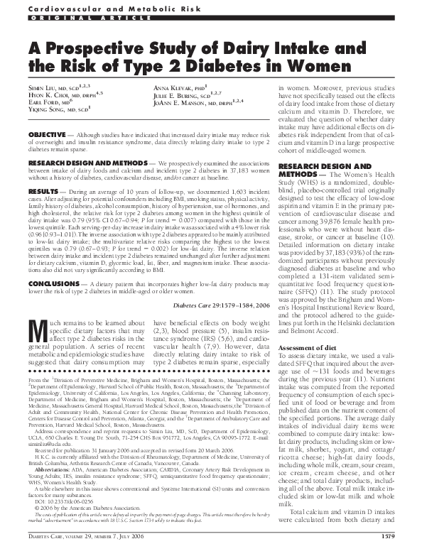 (PDF) A Prospective Study of Dairy Intake and the Risk of Type 2 ...