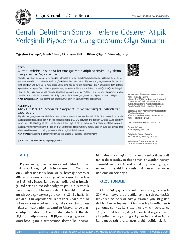 (PDF) Cerrahi debritman sonrası ilerleme gösteren atipik yerleşimli ...