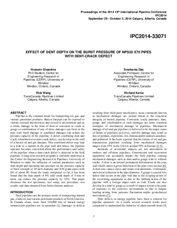 (PDF) Effect of Dent Depth on the Burst Pressure of NPS30 X70 Pipes With DentCrack Defect